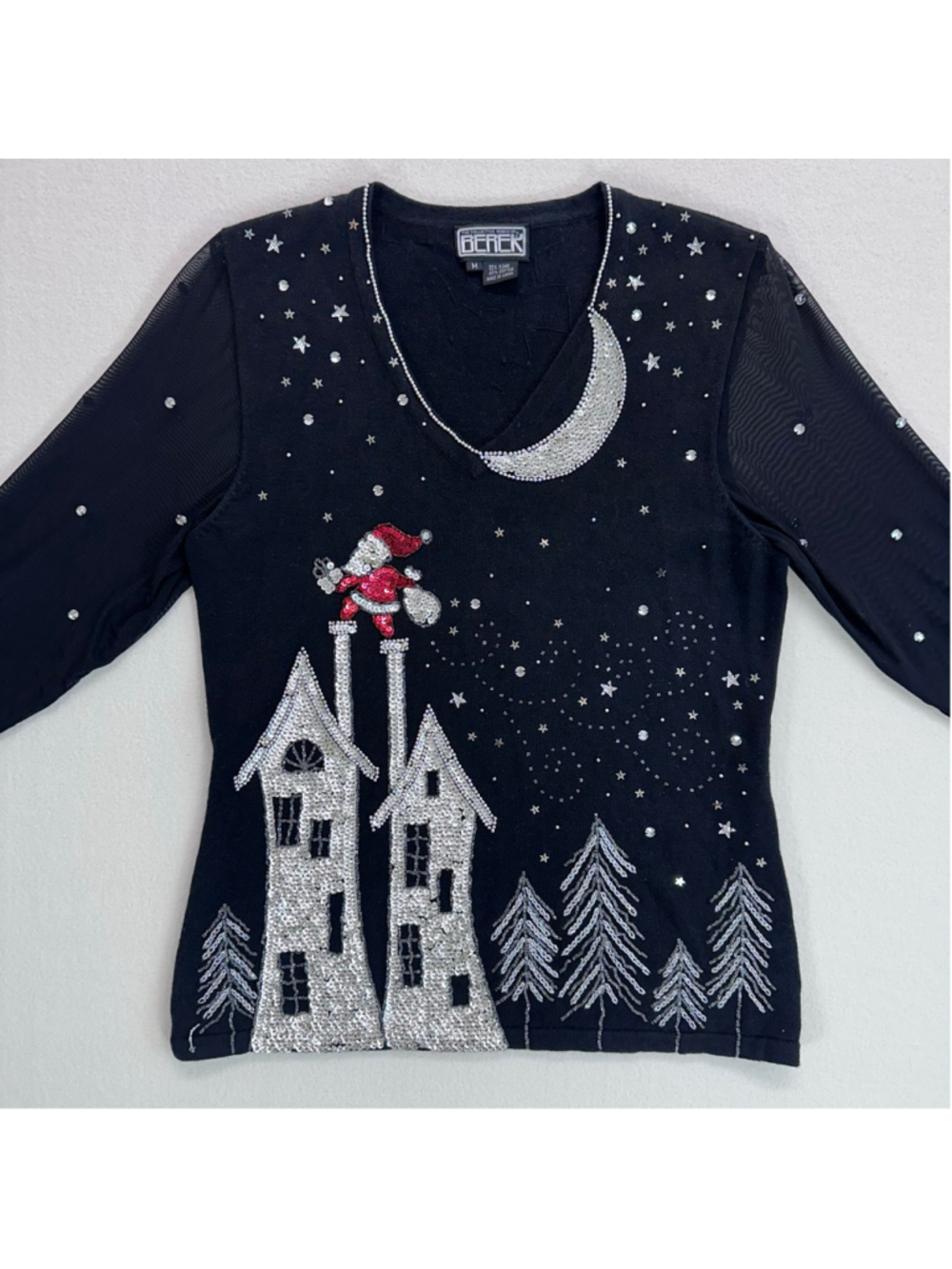 Vintage Berek 2 Christmas Sweater Medium Black Beaded Sequined Santa Moon Y2K
